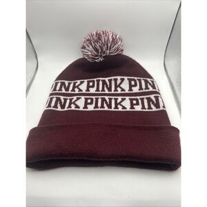 PINK Victoria's Secret Maroon‎ White Beanie Hat Pom Pom OSFM Spell-Out One Size